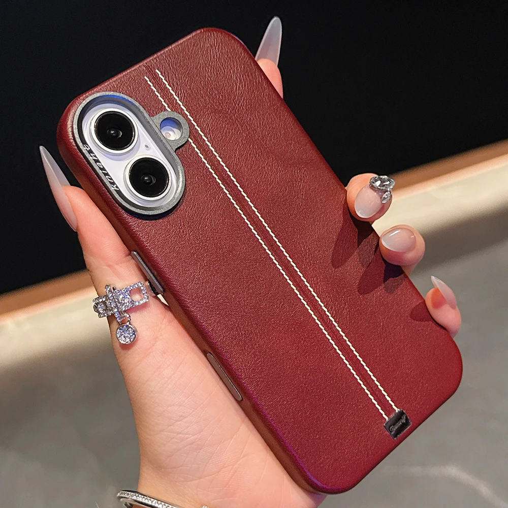 

Alloy Lens Magnetic PU Leather MagSafe Phone Case For iPhone 16 16pro max 15 14 Pro 13 Wireless Charging Matte Hard Armor Cover