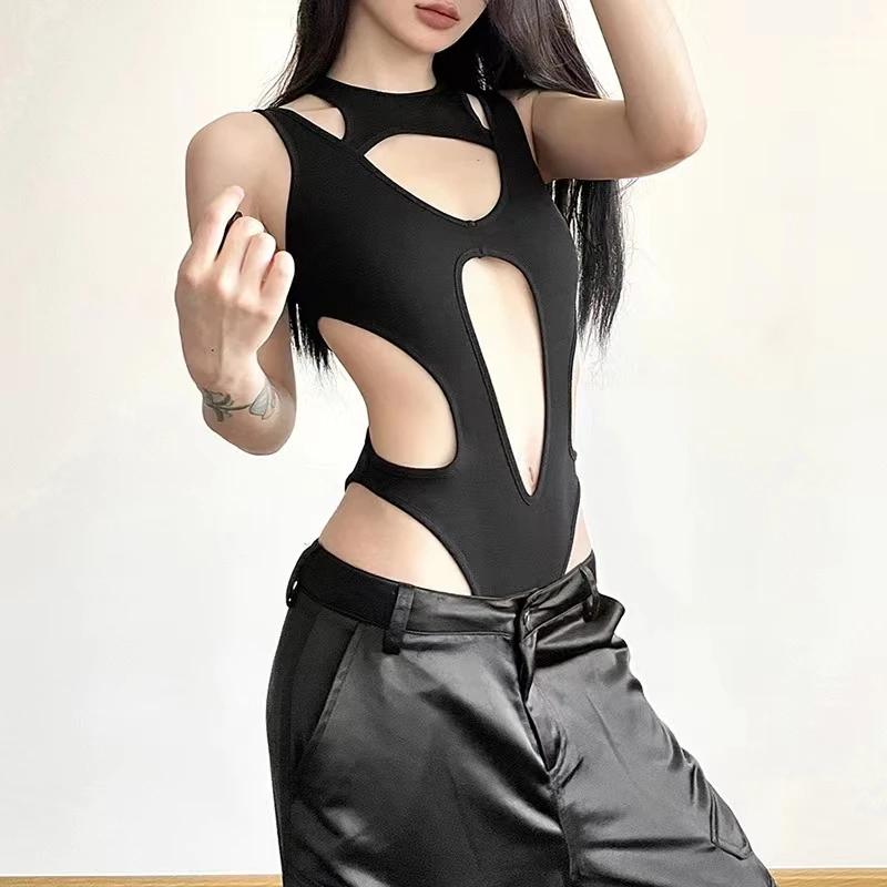 Design Sense Dark And Sexy Spicy Girl Fashionable Hollowed Out Patchwork Slim Fit And Slimming Jumpsuit Tank Top Bottom T-shirt