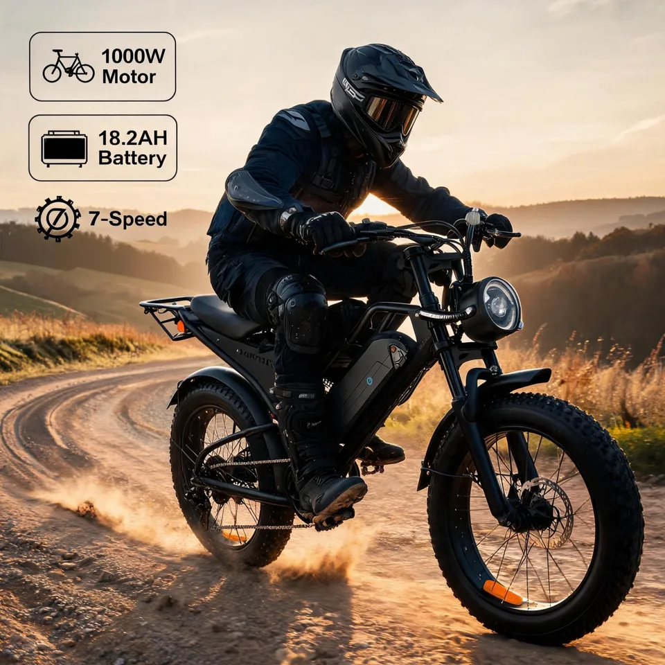 Hunting & Camping Adult e‑bike,20" Fat Tire Rugged Terrain electric bike,1000W 48V 18.2Ah Removable Battery,62 Miles Range,Steel Crankset with Light,Rear Cargo Rack,YL‑61F‑C Display,USA Warehouse 1‑5 Days Delivery,Gift for Hunter