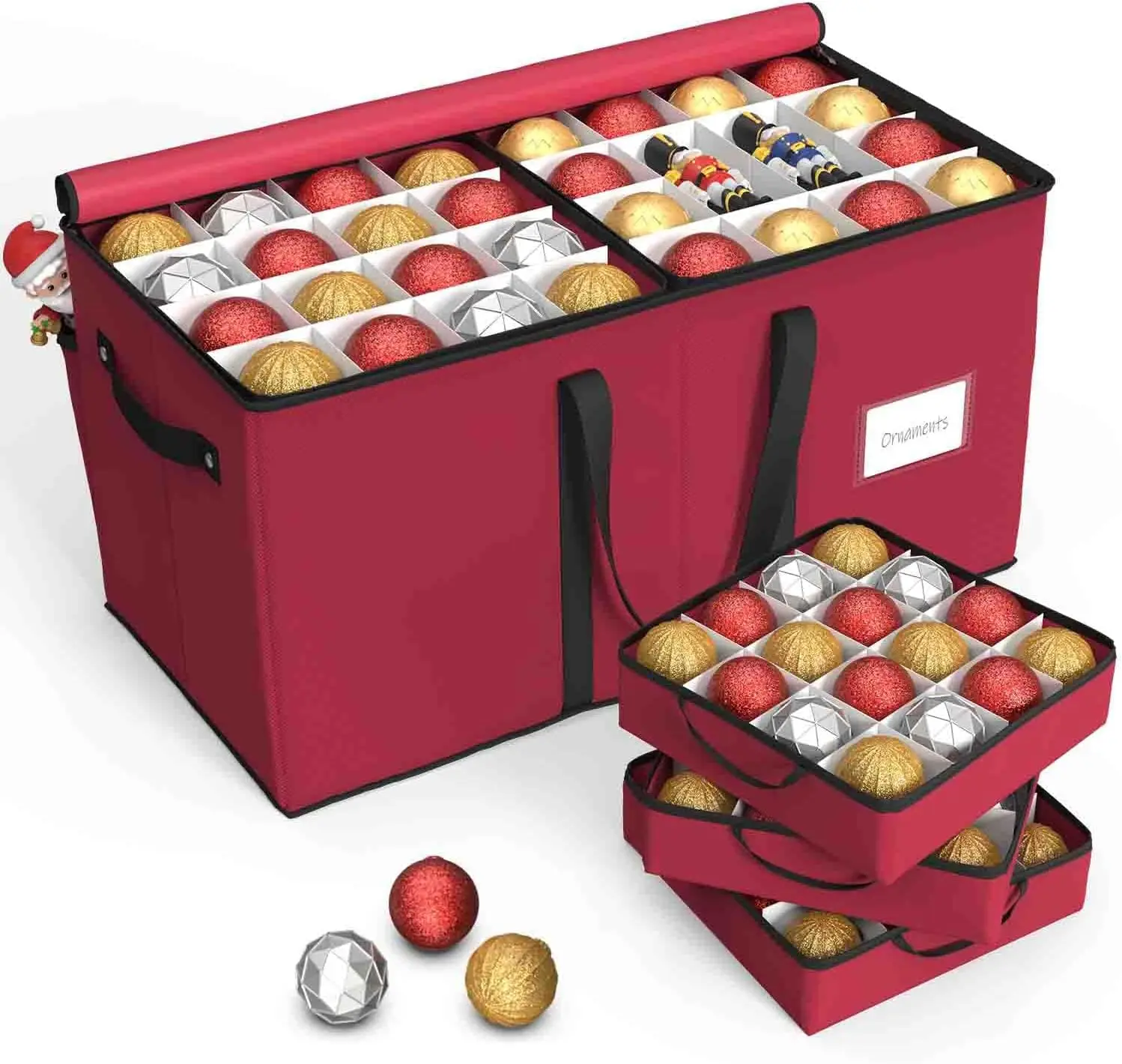 

Christmas Ornament Storage Box with 8 Trays, Holds 128 Ornaments, Adjustable Dividers, Dual Zippers, Rose Red