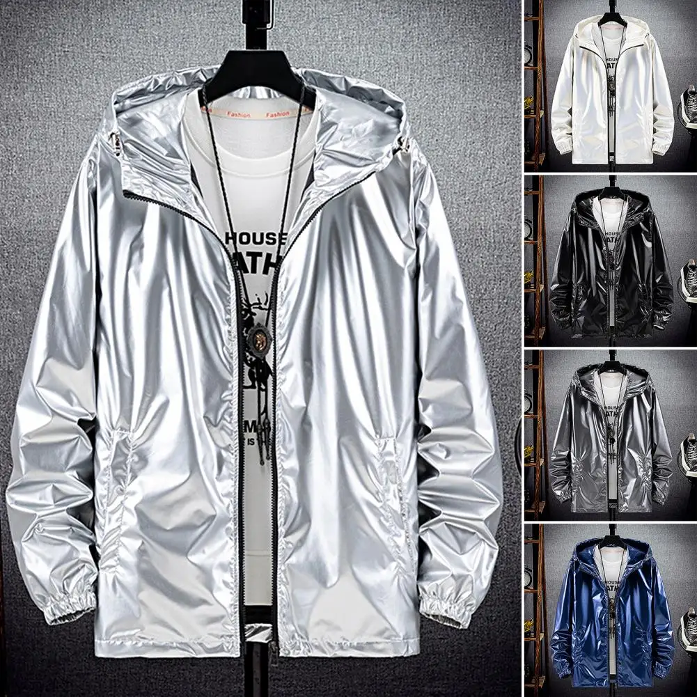 Męska kurtka z kapturem na zamek błyskawiczny solidna moda jasna czarna srebrna kolorowa bluza z kapturem wodoodporna wiosna jesień elastyczny płaszcz z mankietami Streetwear