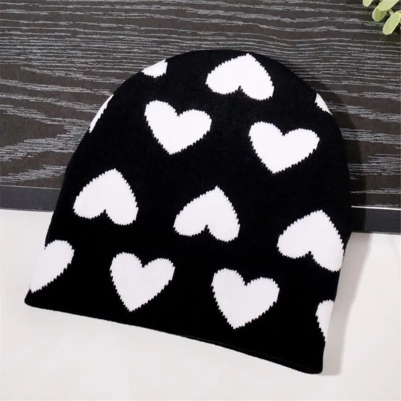 p9fe 성인 십대 심장 패턴 니트 비니 모자 겨울 방풍 스키 사이클링 모자