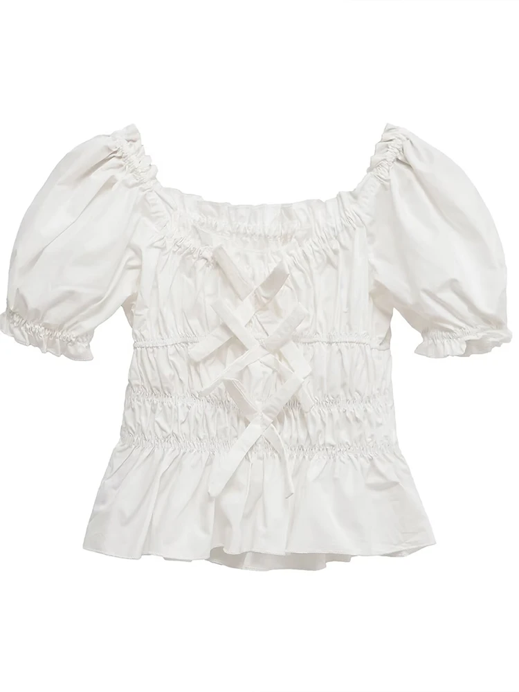 

European style new women's fashion versatile temperament sweet bow decoration puff sleeve waist top shirt