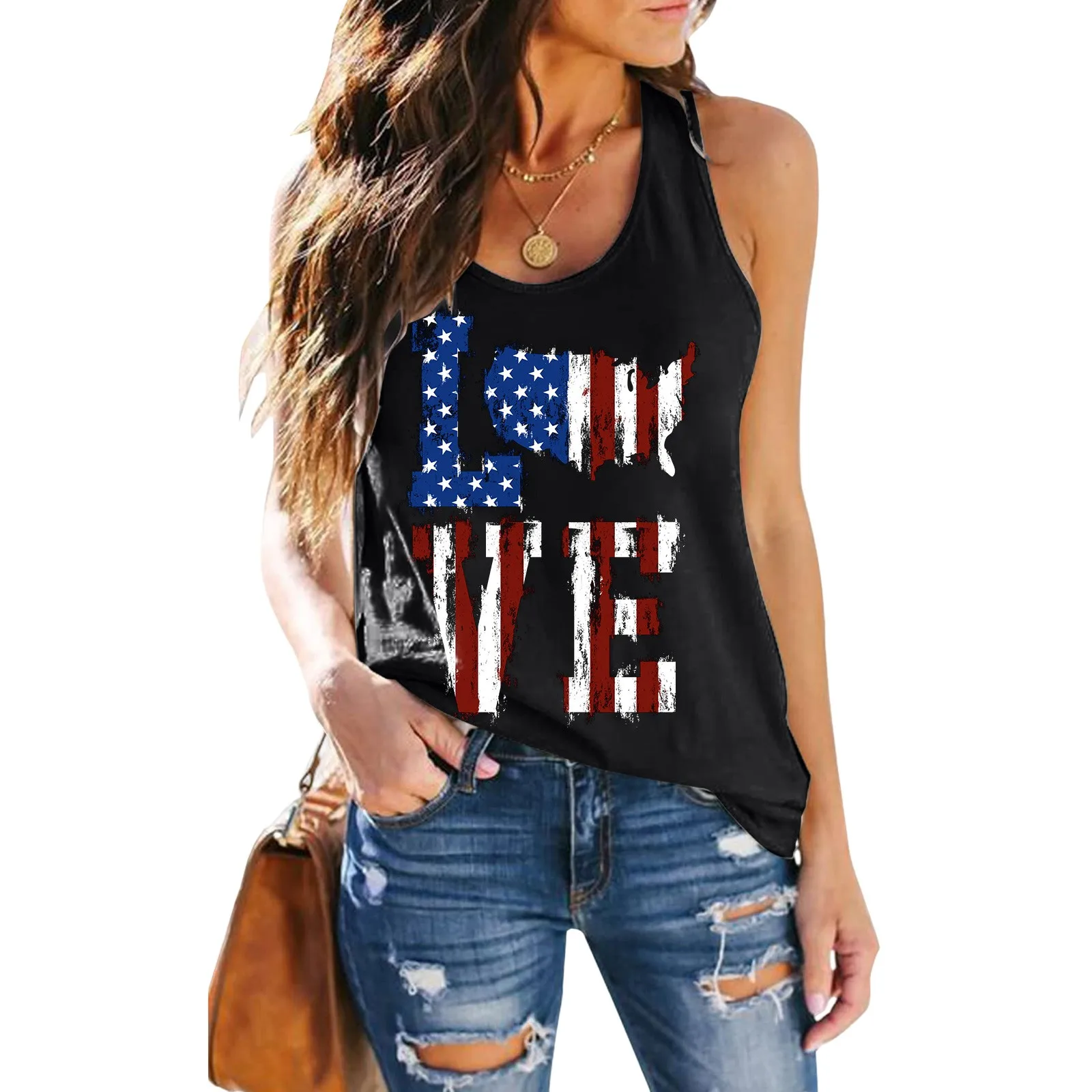 Summer Tank Top For Women Freedom American Flag Notched Neck Shirts Women Usa Stars Stripes Patriotic Graphic Tee 4th Of July