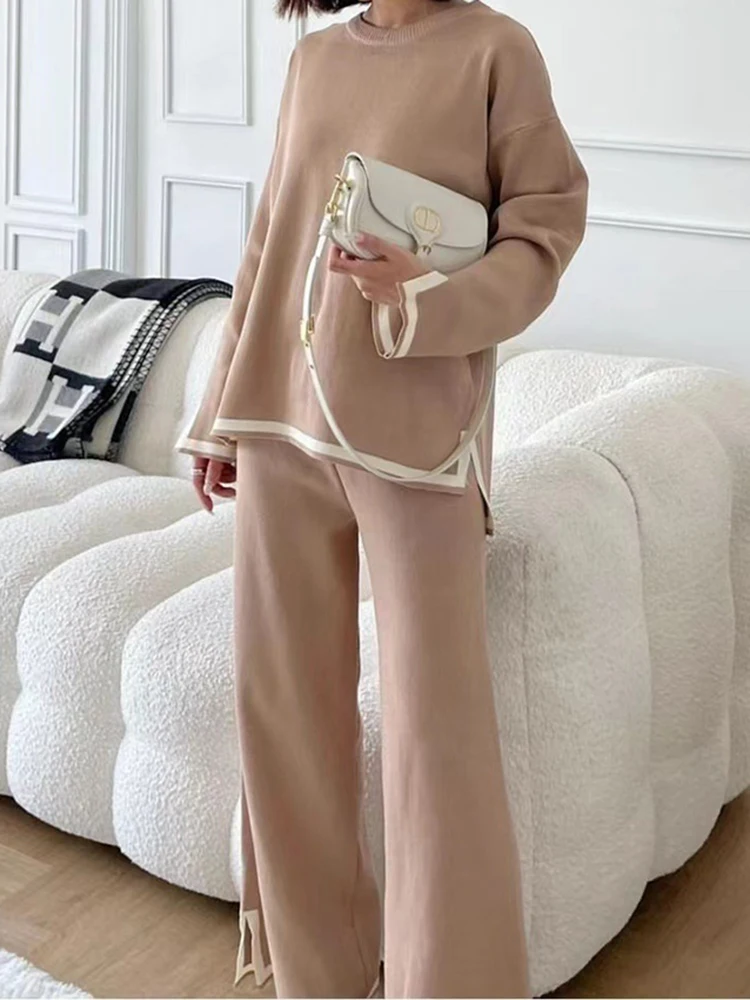 LANMREM Casual Irregular Two-piece Set For Women O-neck Long Sleeves Contrast Color Tops With Wide Leg Pants 2024 New 2Z2001