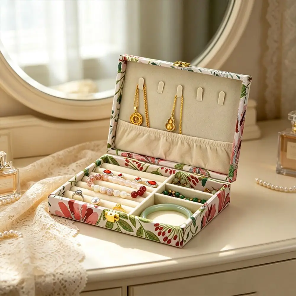 Antique Style Retro Wooden Jewelry Box Embroidered Floral Vintage Jewelry Case Luxury Large Capacity Jewelry Container Ring