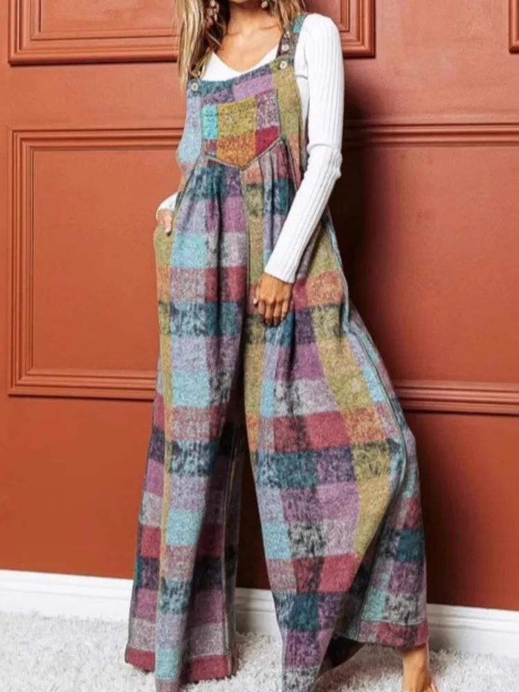 Mode Patchwork Vintage Jumpsuit Voor Vrouwen Casual Mouwloze Zakken Wijde Pijpen Broek Jumpsuits Dame Vakantie Streetwear Kleding
