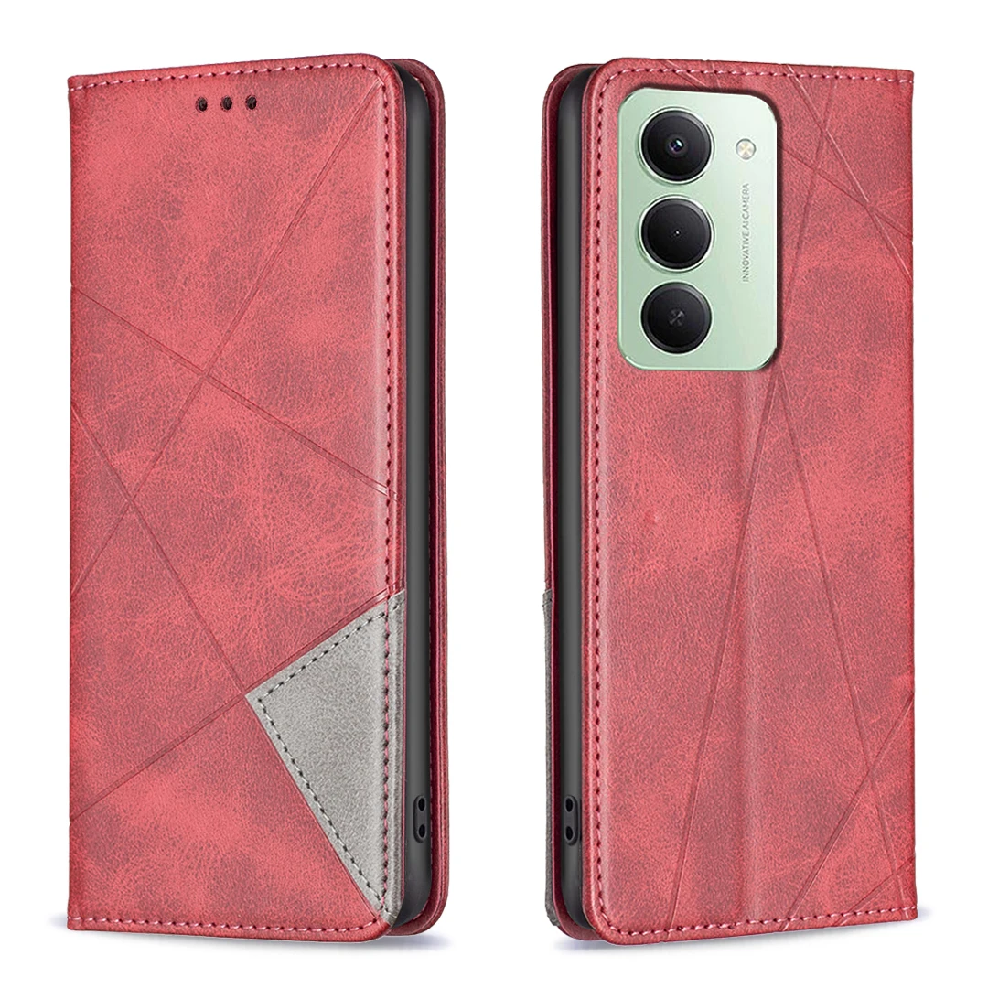 

Для Xiaomi Redmi 15 5G (глобальный) (169 мм) кожаный чехол для телефона с слотами для карт и геометрическим принтом - красный