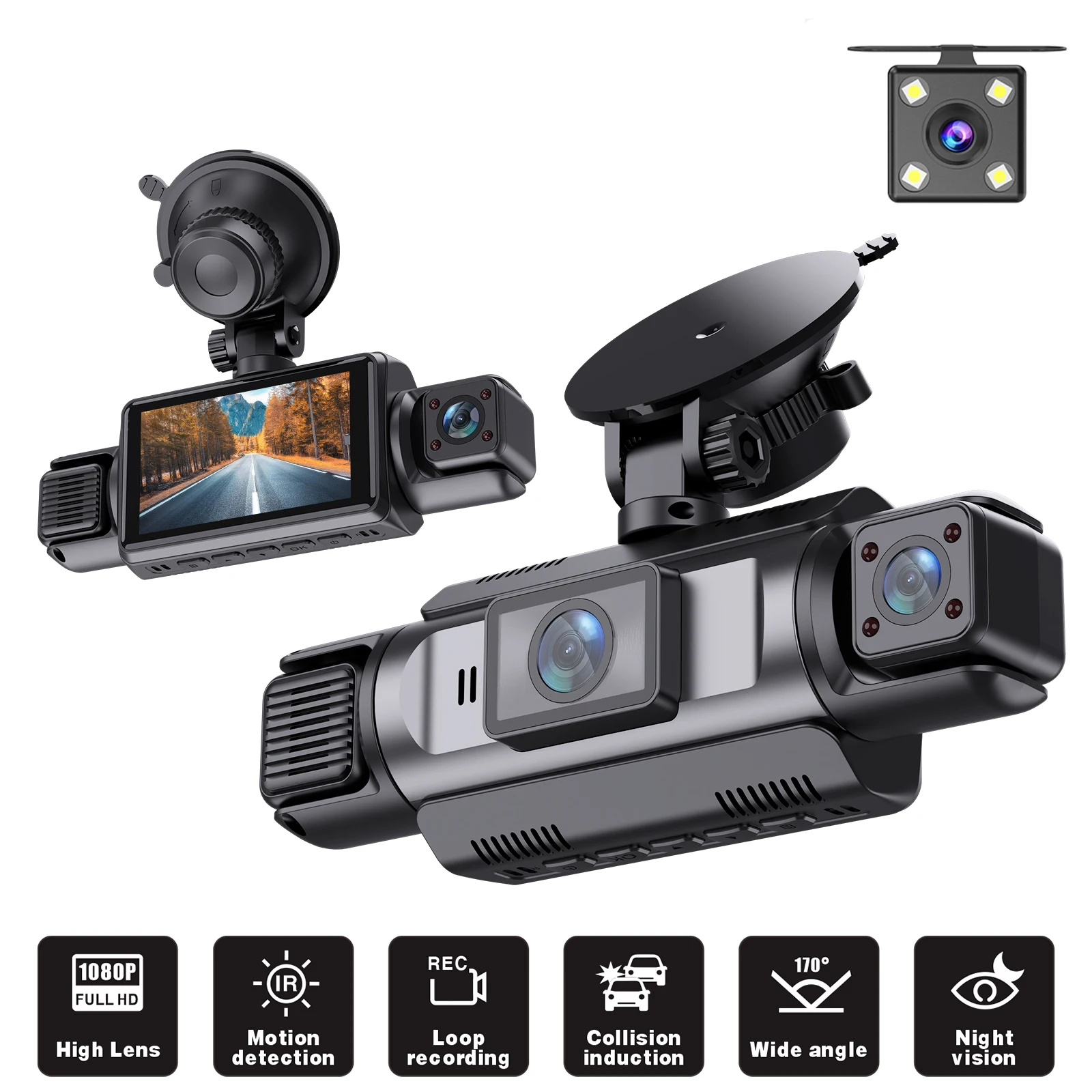 ZKCAMSPY 360° Dash Cam 1080P Front 720P Rear 480P Right Side, 3.16