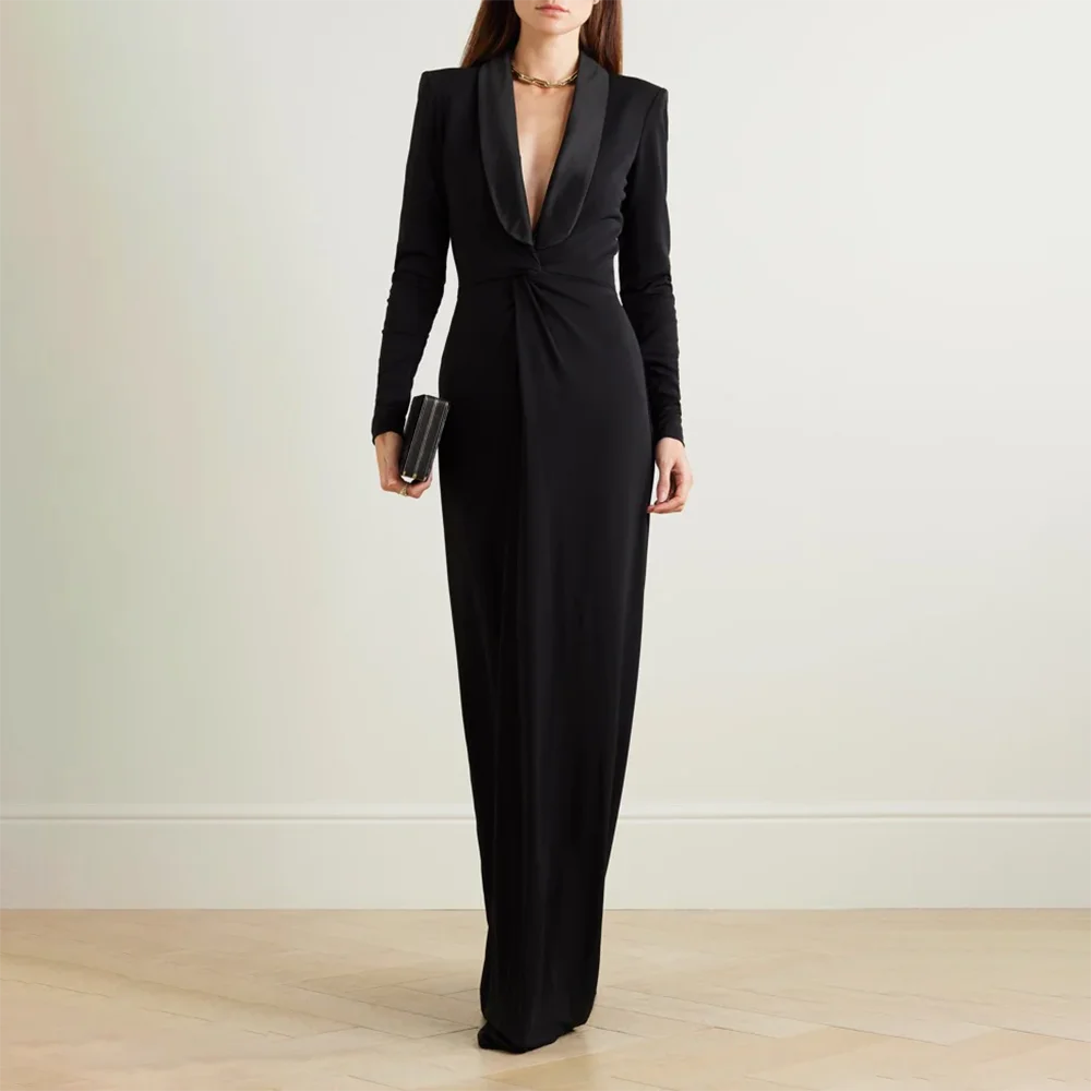 

Straight Wedding Guest Dress Black Jersey Long Sleeves Women's Evening Gowns Deep V-Neck Formal Party Dresses Customized