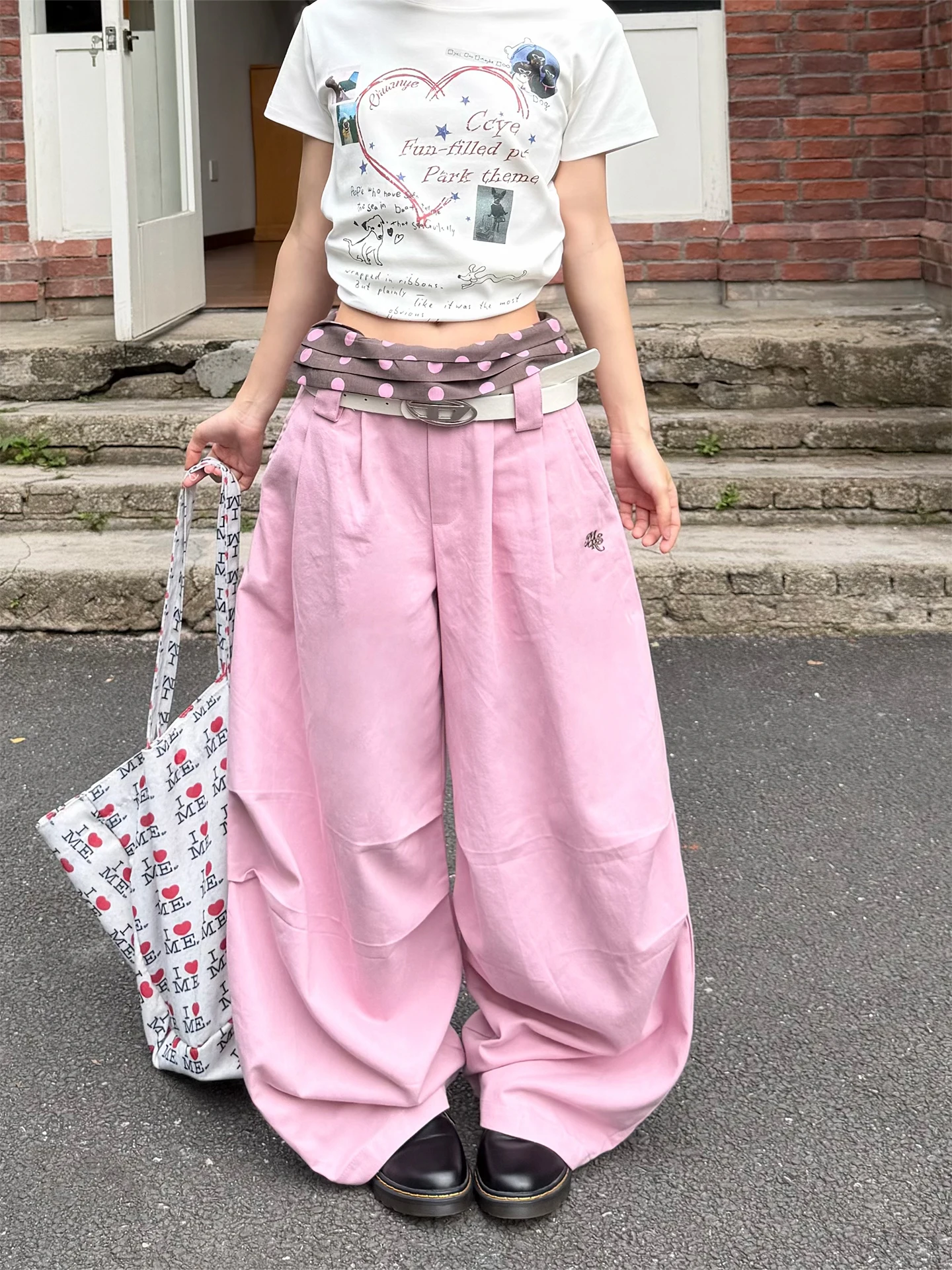 

Женские повседневные брюки Don Cry в американском стиле с драпировкой на талии, свободные широкие брюки для джазовых танцев, розовые, с цветными блоками и узором в горошек