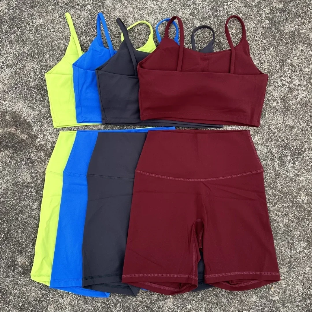 

Women's Solid Color 2-Piece Workout Set - Spaghetti Strap Sports Bra & High-Waist Cycling Shorts for Gym, Yoga & Running