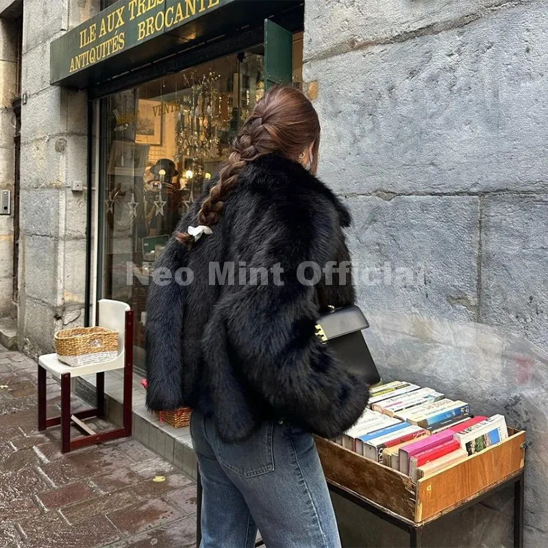 Neo Mint Winter 2025 Trendy Brown Obsession Cropped Shawl Collar Faux Fur Coat Women Jacket Chic Girls Brand Fox Fur Outerwear