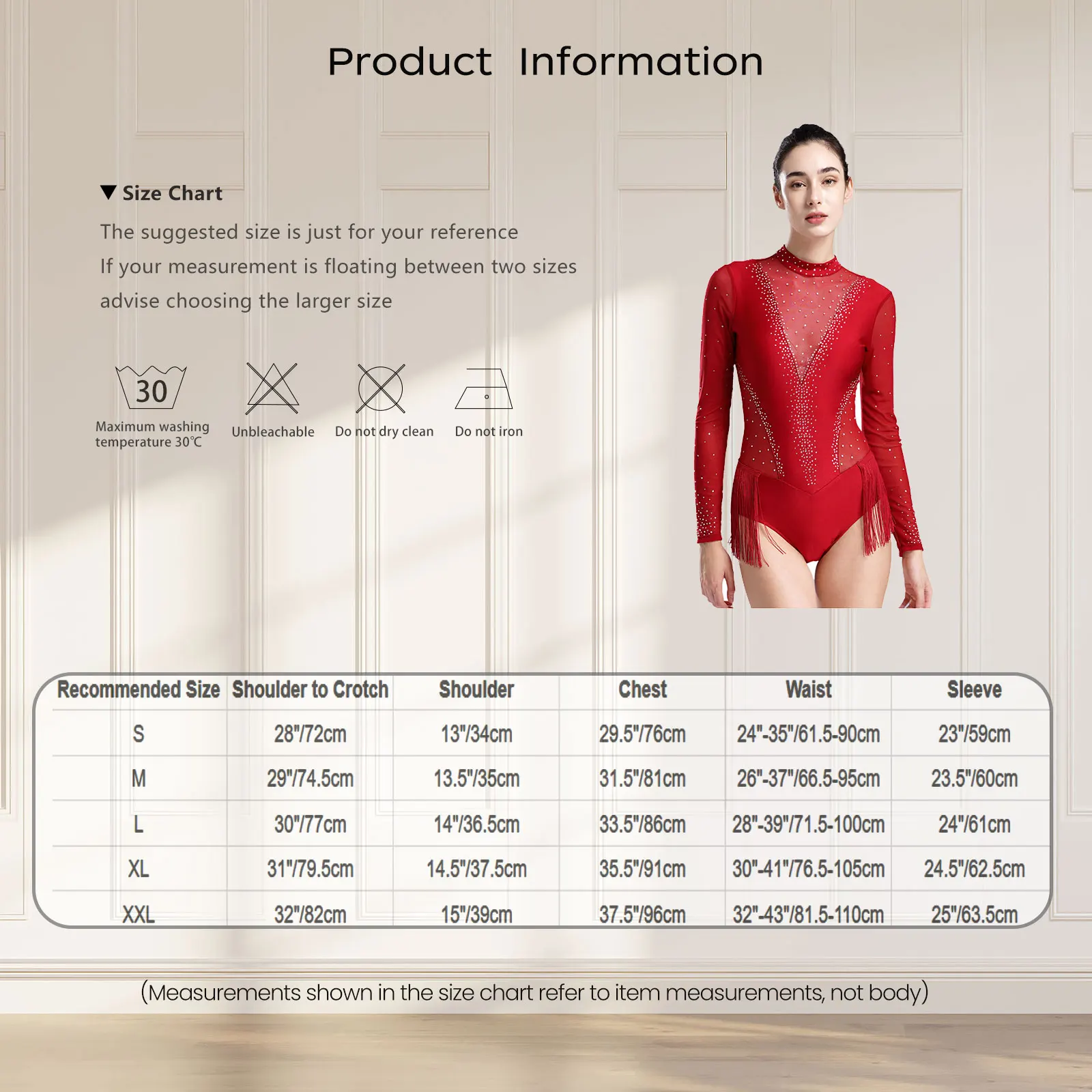 Womens Figure Skating Costume Long Sleeve Rhinestones Tassel Latin Dance Leotard Ballet Gymnastics Stage Performance Dancewear