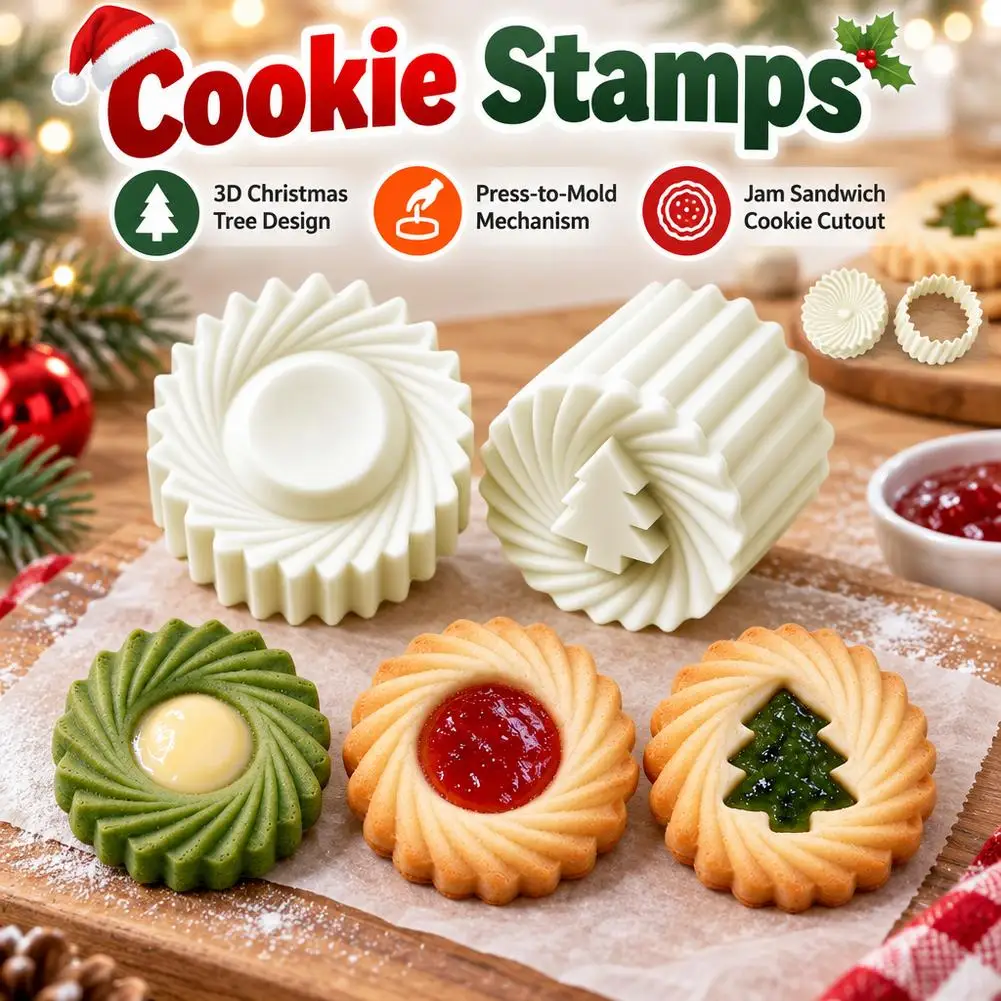 Christmas Cookie Stamp Mold Double Ended Tree Swirl Pattern Plastic Biscuit Cutter Press Mould For Jam Filled Cookie DIY Baking
