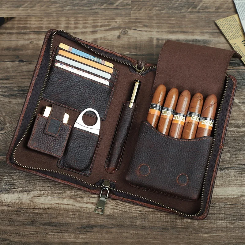 Leather Cigar Case with Lighter Cutter Pocket Travel Portable Humidor Box Cigars Accessories Handbag Men Gift