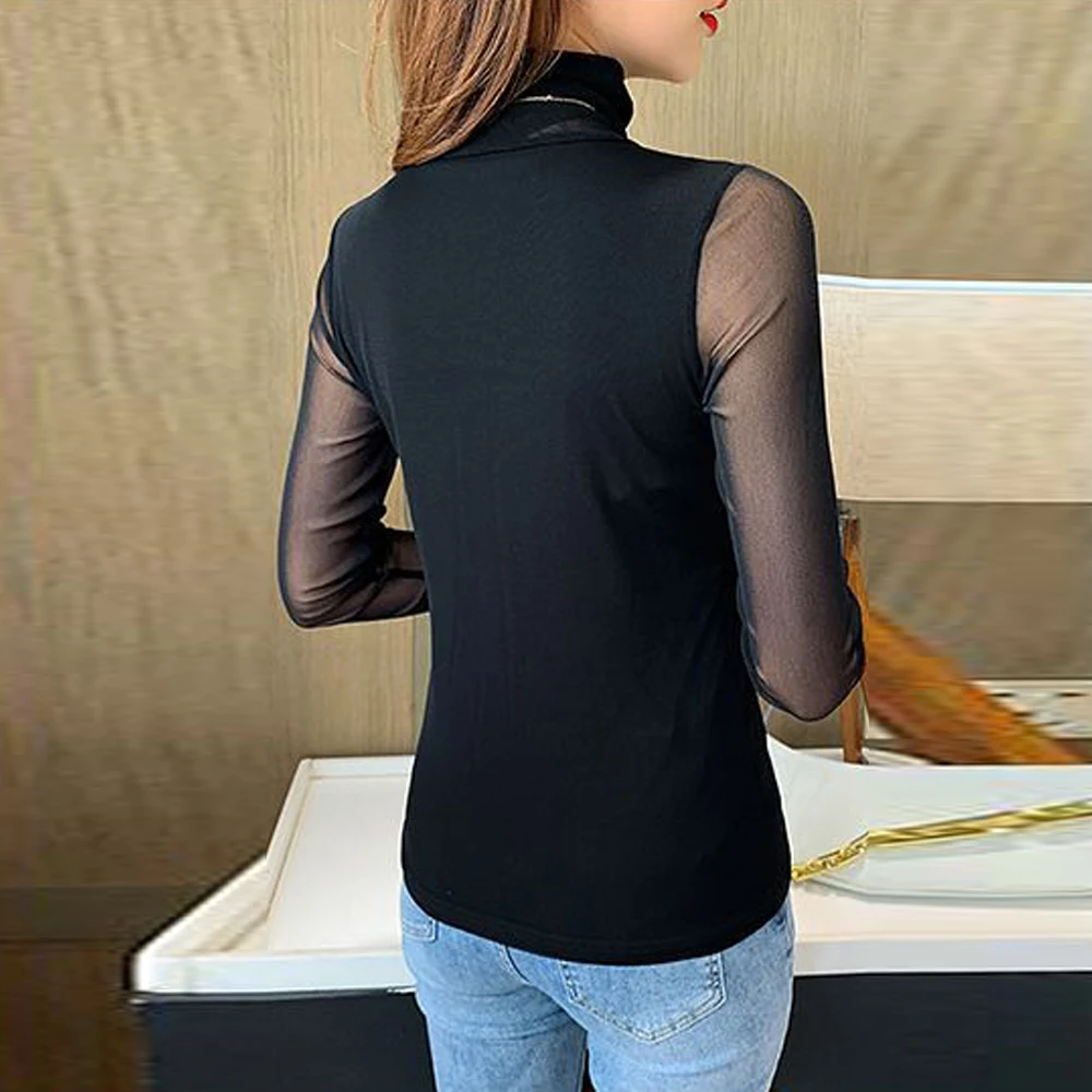 New Sexy Mesh High-neck Long Sleeve T Shirt Women S-2XL Sizes Green Black Slim Stretch Tops Female Blouses Shirt Sheer Tees