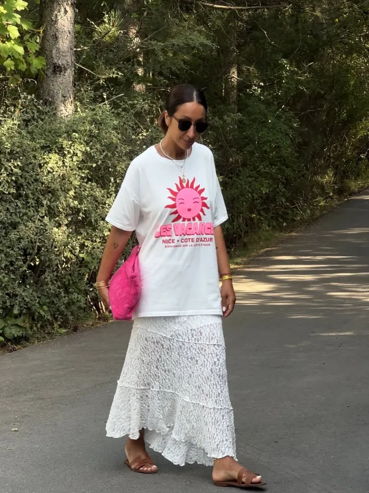 JHYF American Retro Vintage Hand-Drawn Sun Print Spicy Girl Loose Short-Sleeve T-Shirt Women's Street Style Oversize Cotton S...