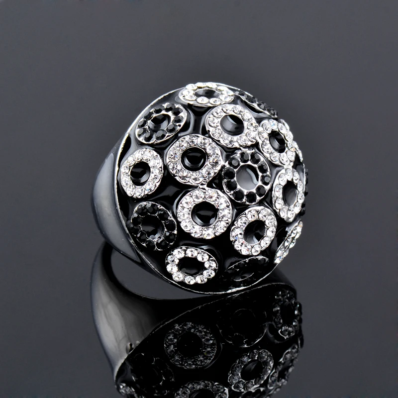 SINLEERY Unique Vintage Half Ball Round Black Enamel Big Rings Circles Cubic Zirconia Rings For Women Jewelry