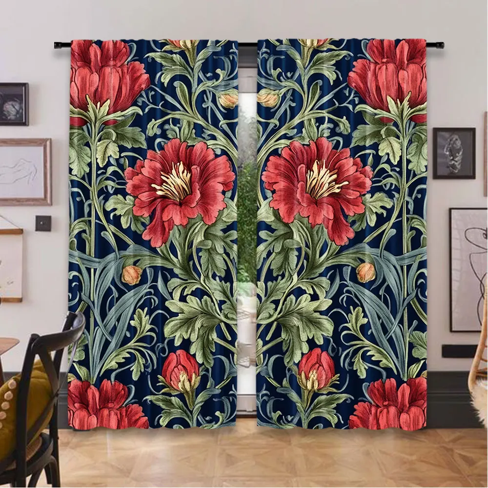 

2Pcs Boho Watercolor Floral And Leaves Symmetry Curtain Suitable For Bedroom Kitchen Dining Room Living Room Study Office