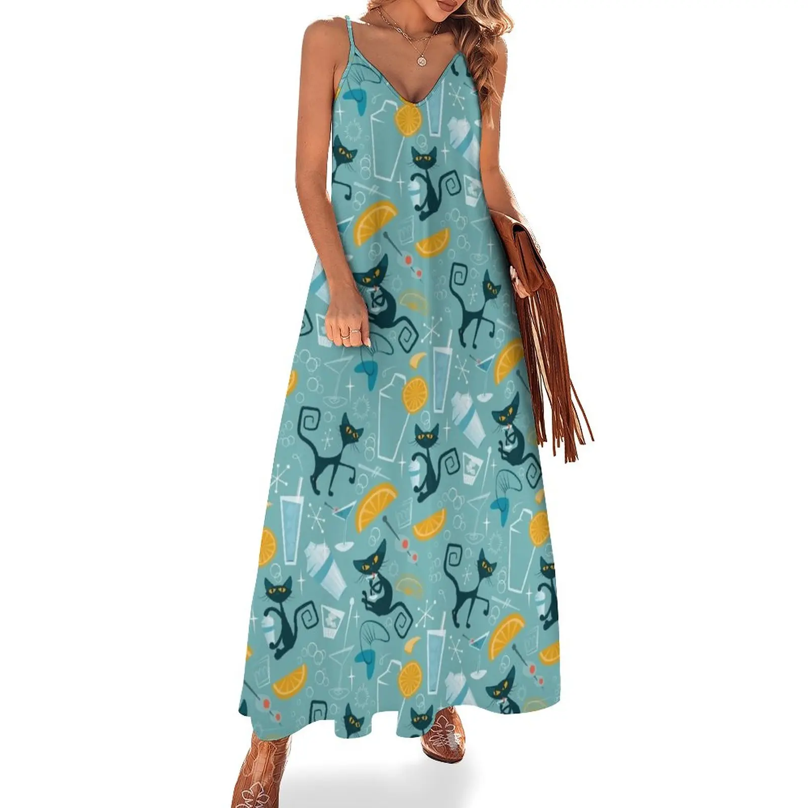 

Mid century modern atomic style cats and cocktails Sleeveless Dress Womens dresses women's evening dress 2024 Long dresses