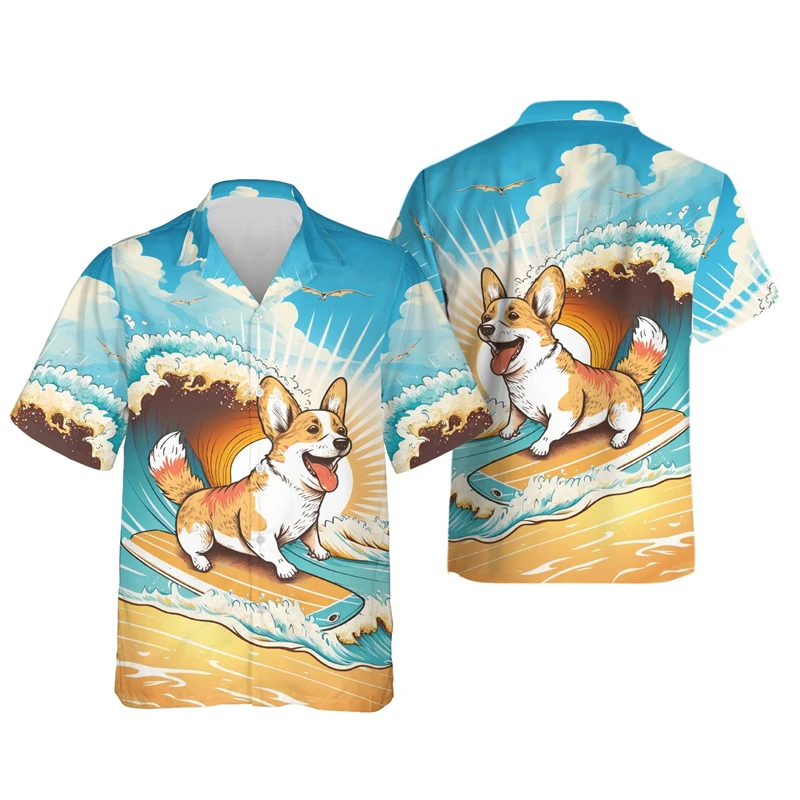 

Skull Surfing 3D Print Shirts For Men Clothes Funny Duck Short Sleeve Cute Corgi Dog Lapel Blouse Hawaiian Surf Aloha Button Top