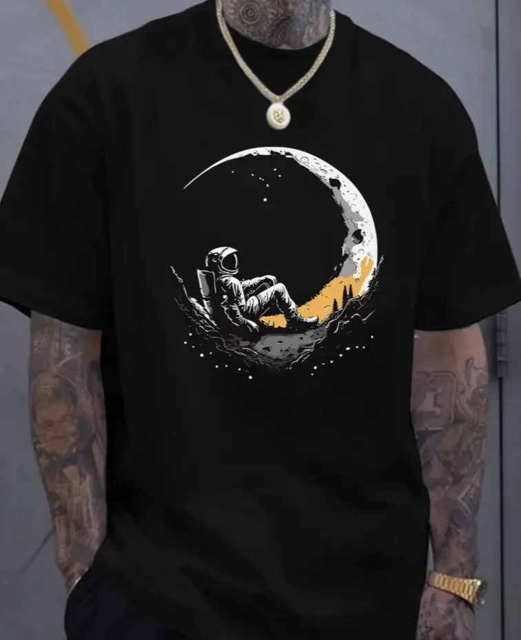 T-Shirt for Plus Size Men A Comfortable Astronaut Moon Print Tee for Summer Casual Wear T-Shirts