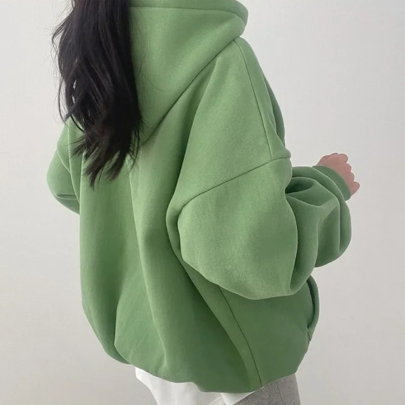 Autumn Women Clothing Korean Fashion Baggy Pure Green Pullover Sweatshirt 2024 Streetwear Chic Letter Print Long Sleeves Hoodie