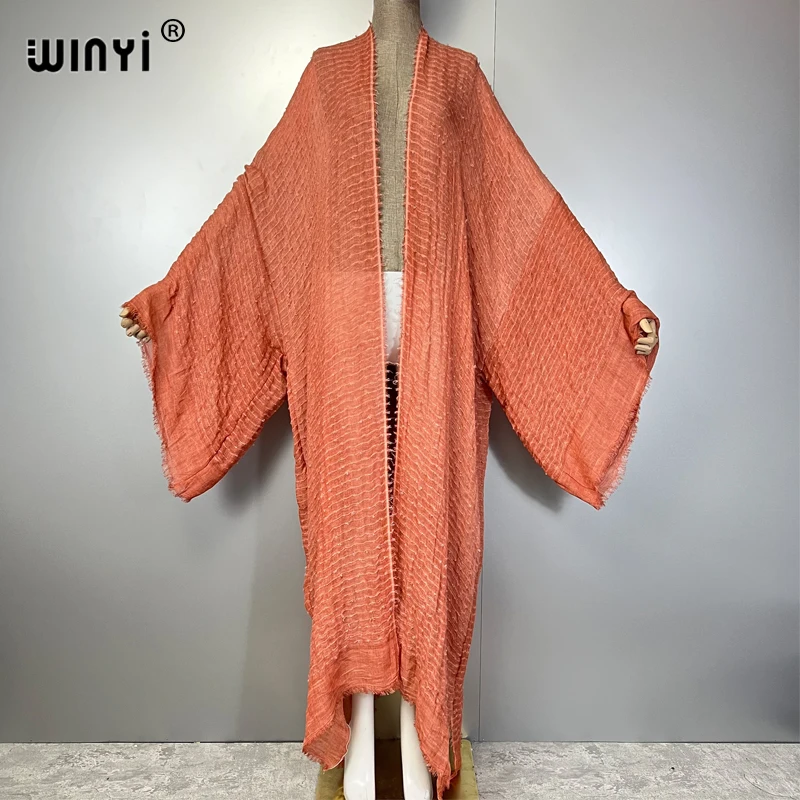 WINYI เรขาคณิตพิมพ์กิโมโน kaftan beachwear เสื้อสเวตเตอร์ถักชุดราตรี abaya ดูไบหรูหรา cover-ups ชุดชายหาดผู้หญิงชุดยาว