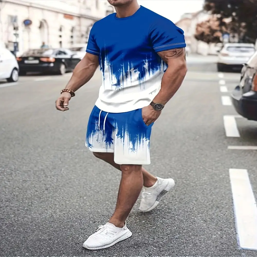 New color block + gradient T-shirt men\'s two-piece summer new shorts suit fashionable 3D printing street casual sportswear for m