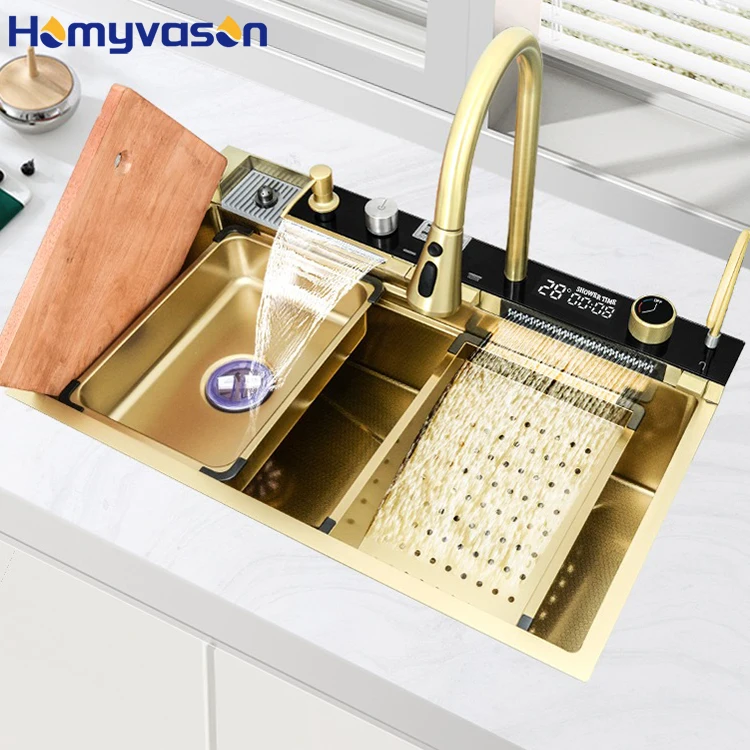 

Luxury Modern 304 Stainless Steel Large Multifunction Piano Key Led Digital Smart Gold Waterfall Kitchen Sink With Glass Rinser