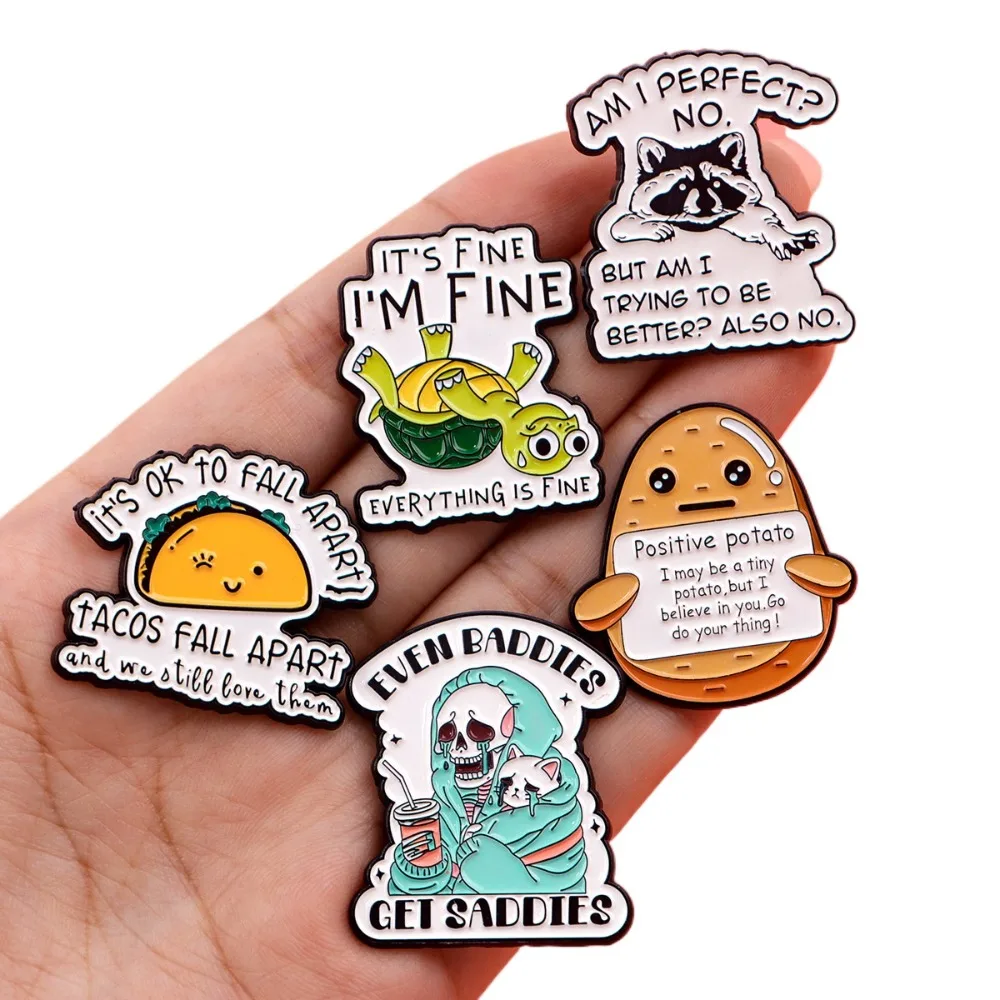 Quote Enamel Pin Cute Cartoon Turtle Raccoon Potato Taco Pins Skeleton Lapel Brooch Badge DIY for Backpack Jacket Bag Decor
