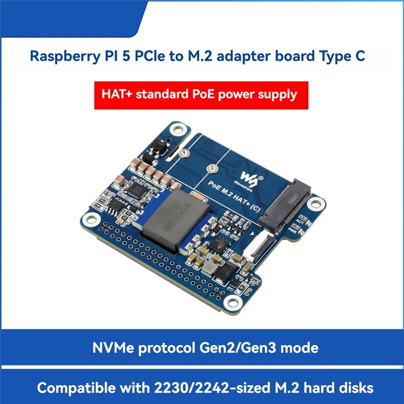 ABKI-Waveshare Poe Expansion Board For Raspberry Pi 5 Pcie To M. 2 Adapter Supports Nvme Protocol M. 2 HAT+ (C) Adapter Board