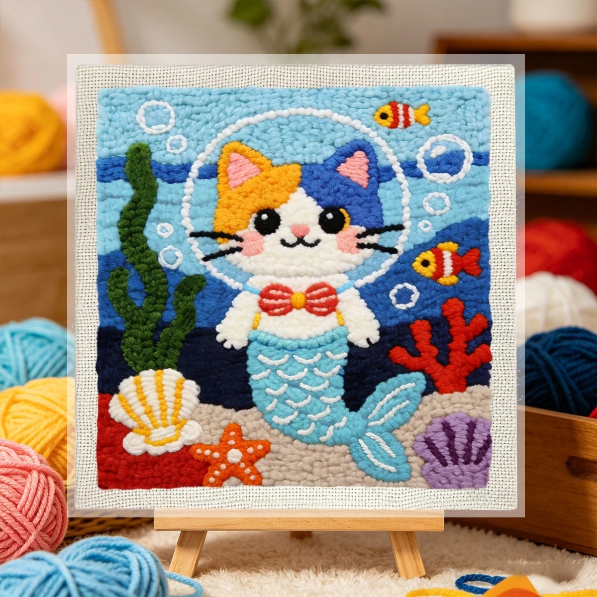 1 Set Meerjungfrau-Katze DIY-Stickerei-Set für Anfänger, Stickerei-Starter-Kit, Kreuzstich-Kunstgeschenk, Handarbeits-Bastelset – Detail 2