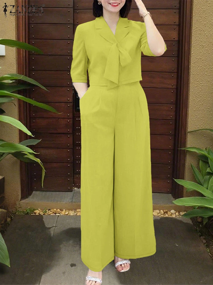 

ZANZEA Women Elegant Sets 2025 Office Lady Suits Outfits Casual Button Lace-up Lapel Neck Shirts Pleated Wide Leg Pants Ses 2PCS