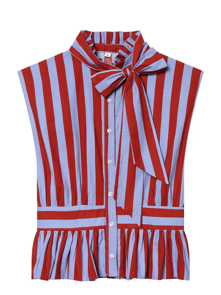 HH Women Summer Party Vintage Retro Red Blue Stripe Top Spring Bow Tie Neck Sleeveless Peplum Hem Lightweight Blouse For Daily