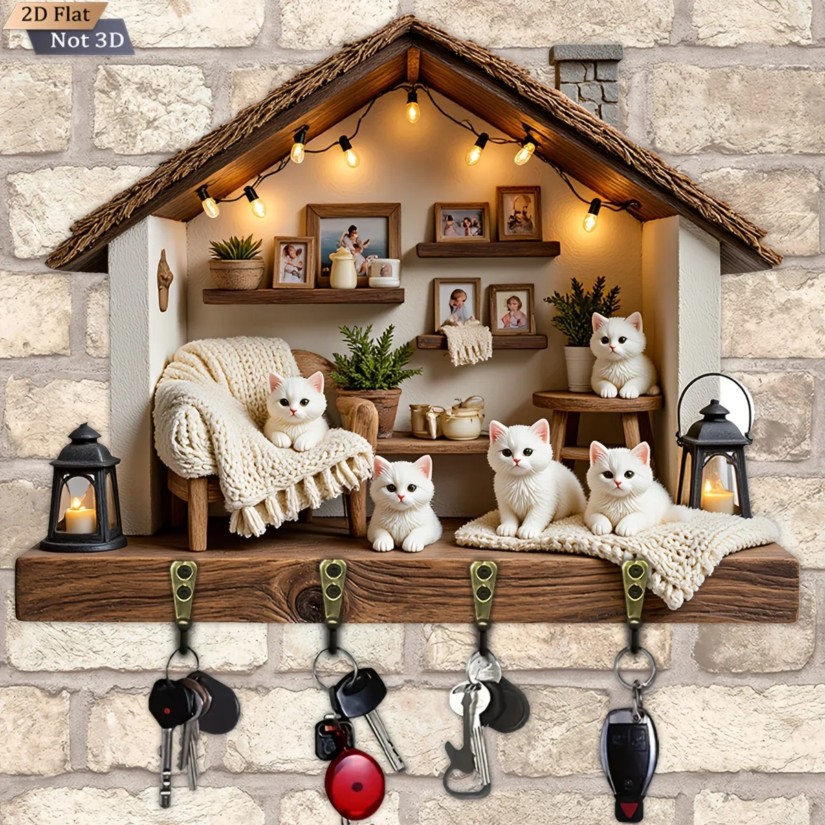 2D Flat, 1pc, Small House Cat Key Hook, Wooden Multifunctional Home Key Rack, with Four Metal Hooks, Wall Decor, Porch Decor,