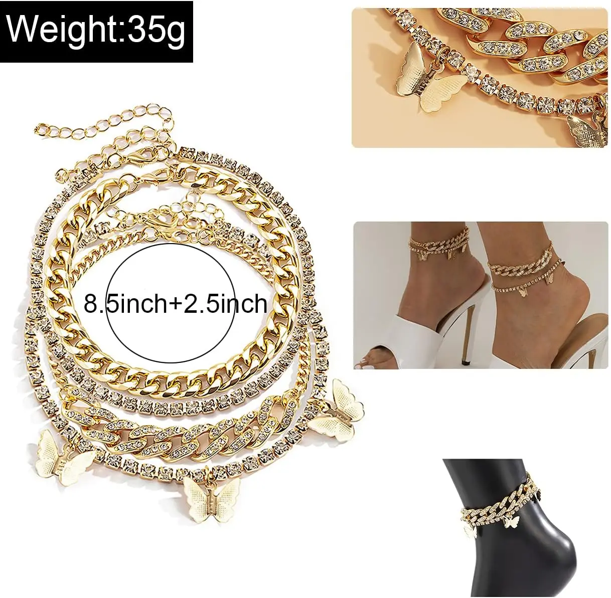Layered Butterfly Anklet for Women Charms Butterfly Gold Plate Silver Plate Rhinestone Cuban Anklets Adjustable Anklet for Summe