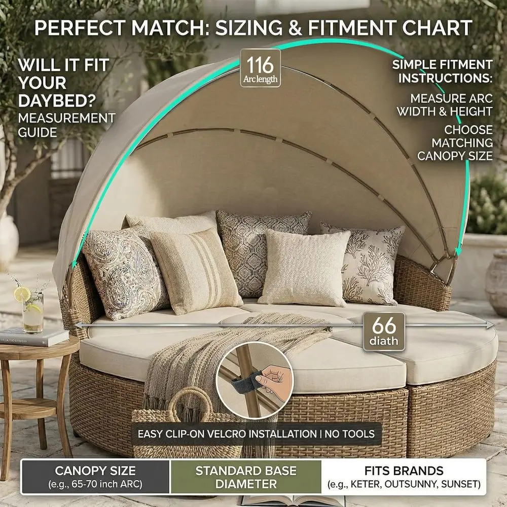 Cover for 66 Outdoor Round Daybeds, Water-Resistant & UV-Resistant, Easy Installation with Hook and Loop Straps, No Tools Needed
