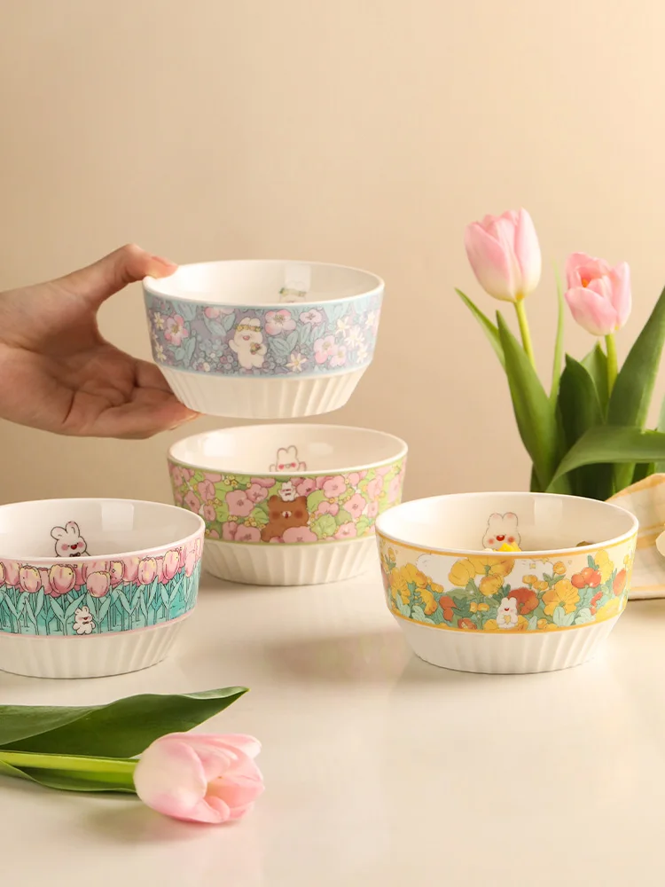 

Ceramic 5 Inch Rice Soup Bowls Rabbits Floral Cartoon On Glazed Stripe Printed Porcelain Home Kitchen Food Container 4 Colors