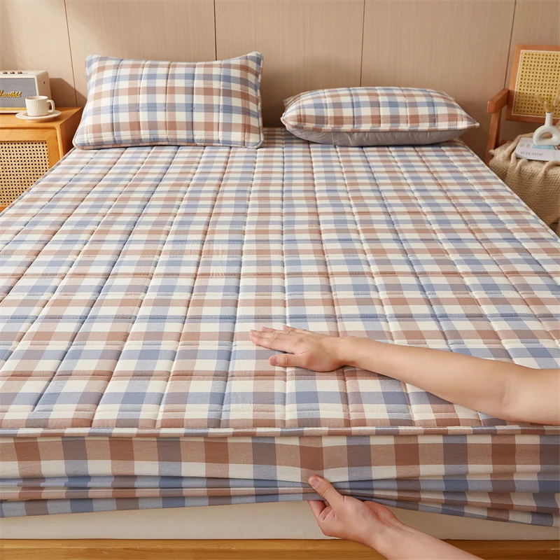 100% Cotton Bed Cover Plaid Style Mattress Protector Thick Fitted Bedsheet Home Bed Linen покрывалоо для кровати (No Pillowcase)