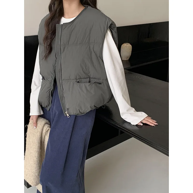 

Vintage Short Cotton Padded Vest Women Korean Casual O-neck Zipper Waistcoat Female Sleeveless Jackets Fashion Chic Outwear Coat