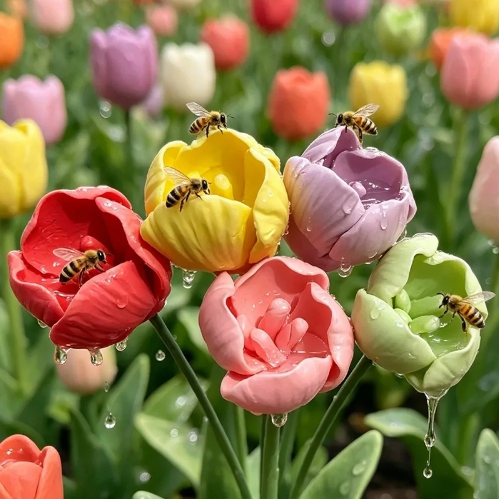 3 pcs Flower-Shaped Bee Butterfly Water Dispenser Garden Decoration DIY Insect Drinking Cup Gifts Ceramic Artificial Flower