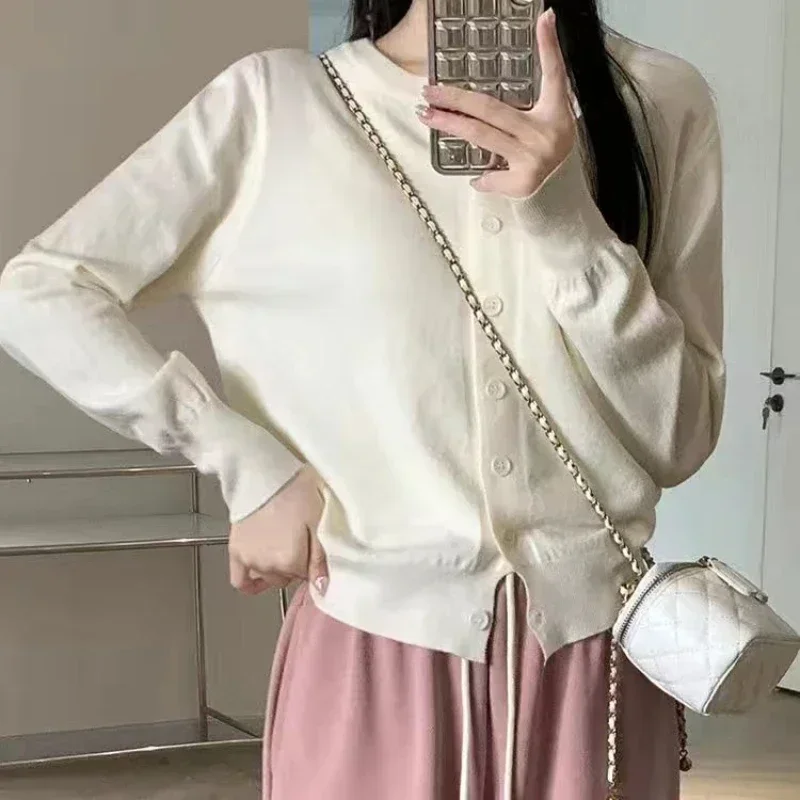 Spring Autumn Women's Top Thin Knit Button Down Korean Round Neck Loose Short Outerwear