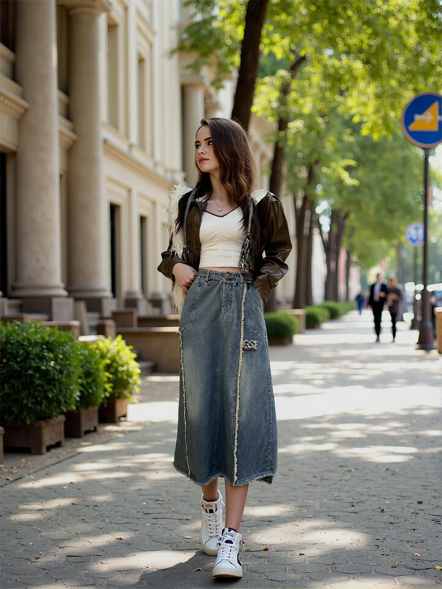 

Джинсовые юбки длиной до щиколотки, женские двухслойные плиссированные торт с рюшами, художественные, современные, шикарные, элегантные, в стиле пэчворк, летние многослойные