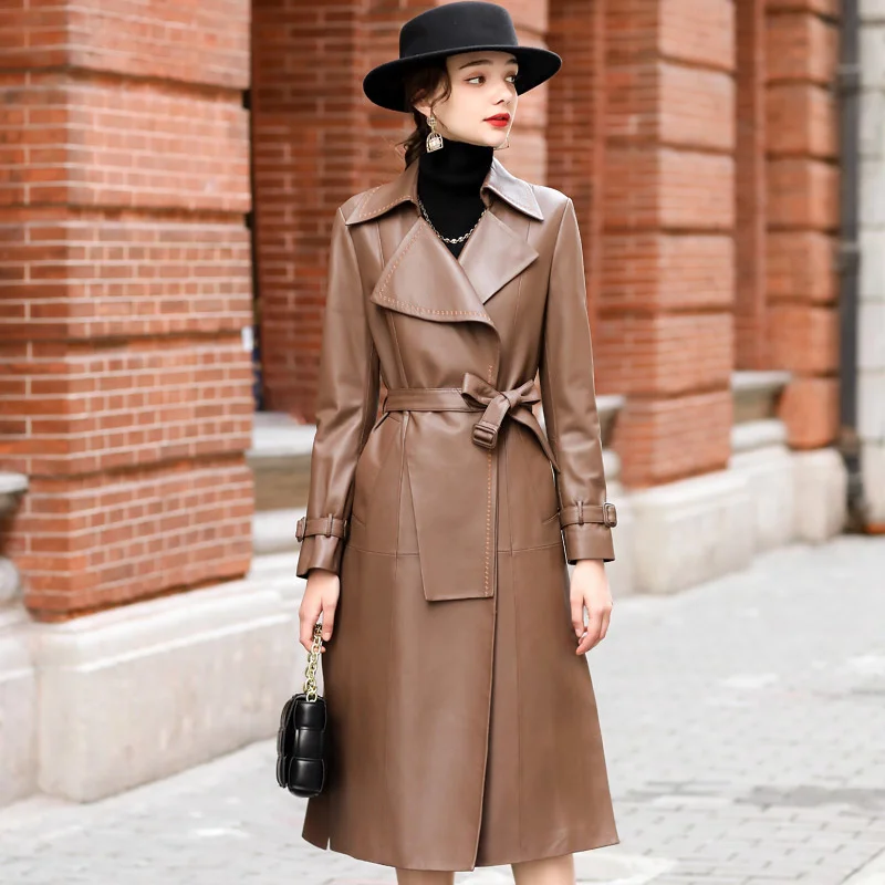 2023 nuova giacca in vera pelle di pecora cappotto con cintura primaverile abbigliamento donna giacche lunghe Silm Trenchcoat femminile nero C