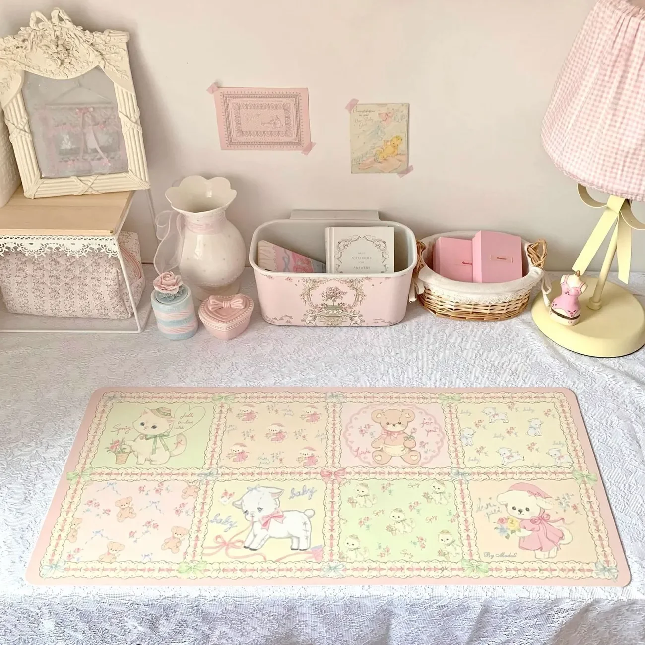 Ins French Pink Floral Animal Retro PU Leather Desk Mat | XXL Cartoon Kawaii Study Dining Mouse Pad for Girls Showa Style Decor