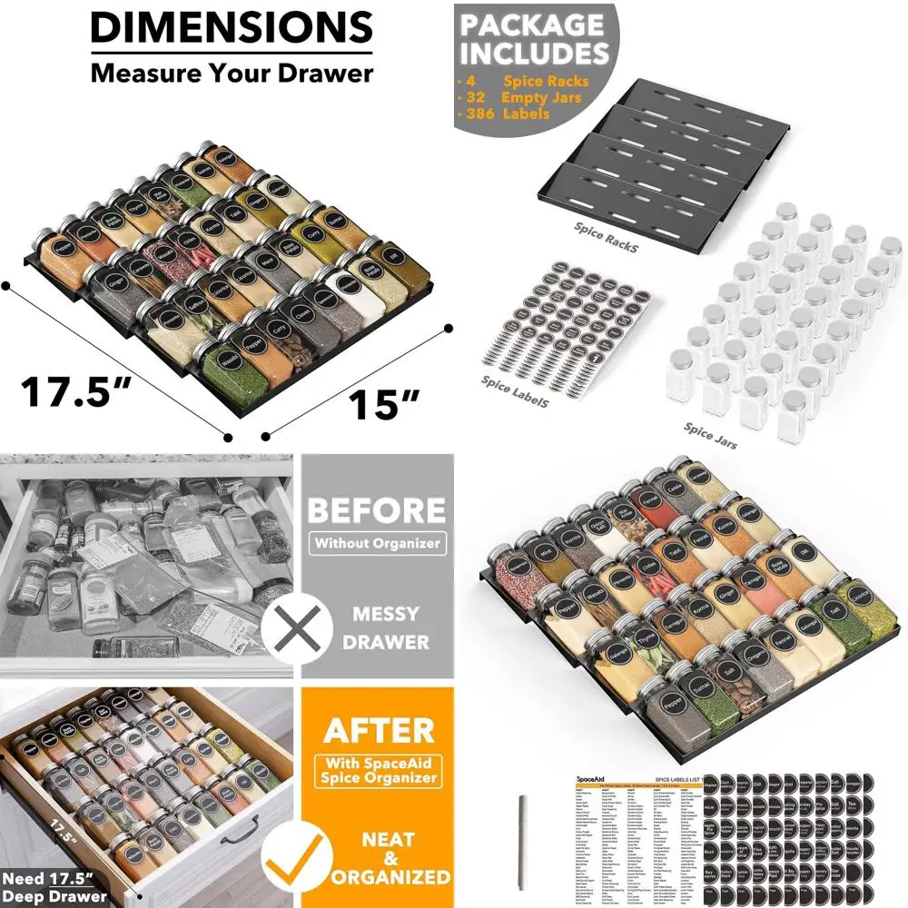 

4-уровневый органайзер для специй с 32 баночками и этикетками, кухонная полка для приправ 15 x 17,5D