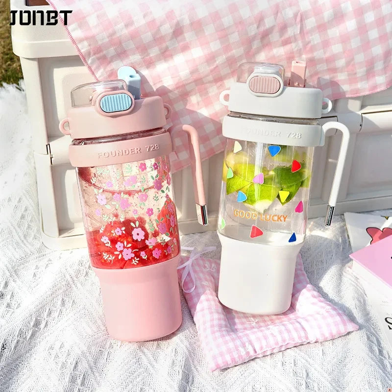 

1000ML Large Capacity Plastic Water Bottles With Straw and Handle Portable Outdoor Sports Camping Double Drink Ice Cup Drinkware