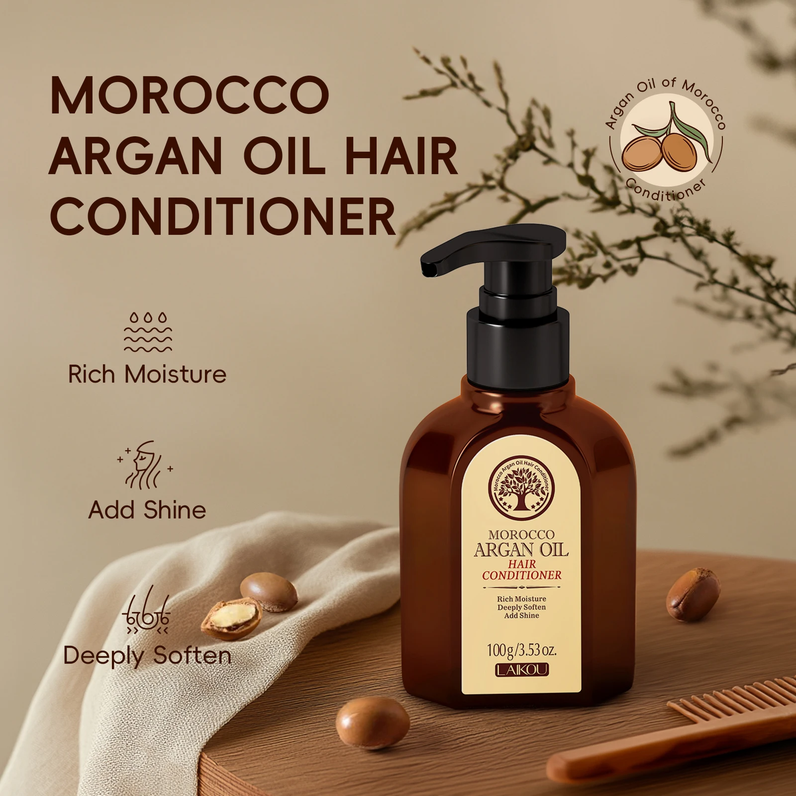 LAIKOU Morocco Argan Oil Hair Conditioner 100g, Deep Moisturizing Add Hair Shine Soften Dry Damaged Hair Nourishing Hair Care